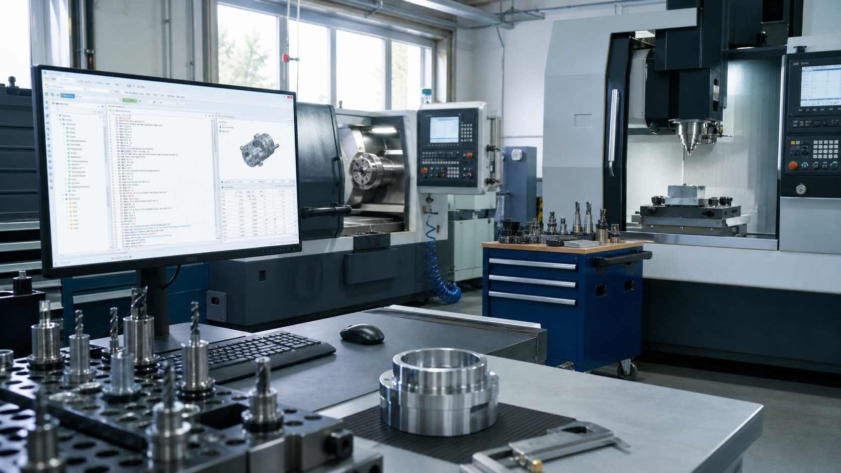 Officina CNC con tornio, centro di lavoro e postazione tecnica